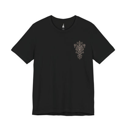 Image 3 of a Black T-shirt showcasing the Chosen Undead within Firelink Shrine, the central resting place of Dark Souls. Amid the ruined stonework and eternal bonfire, the hero prepares for battles against gods, dragons, and abyssal horrors. This artwork reflects the atmosphere of despair and resolve that defines the Undead’s fated quest.