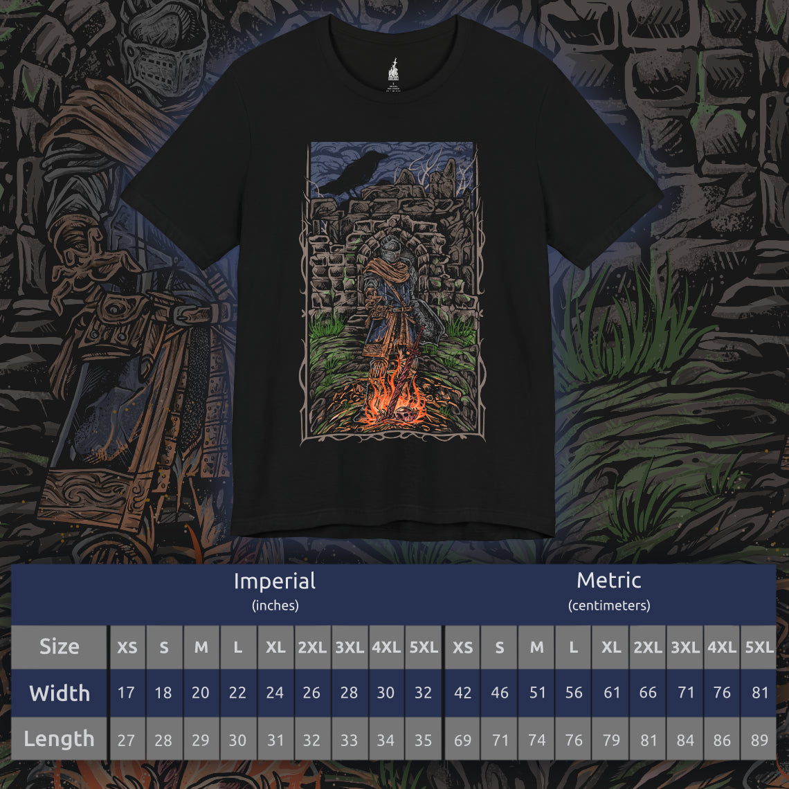 Size chart of a T-shirt showcasing the Chosen Undead within Firelink Shrine, the central resting place of Dark Souls. Amid the ruined stonework and eternal bonfire, the hero prepares for battles against gods, dragons, and abyssal horrors. This artwork reflects the atmosphere of despair and resolve that defines the Undead’s fated quest.