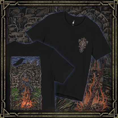 Thumbnail of a T-shirt showcasing the Chosen Undead within Firelink Shrine, the central resting place of Dark Souls. Amid the ruined stonework and eternal bonfire, the hero prepares for battles against gods, dragons, and abyssal horrors. This artwork reflects the atmosphere of despair and resolve that defines the Undead’s fated quest.