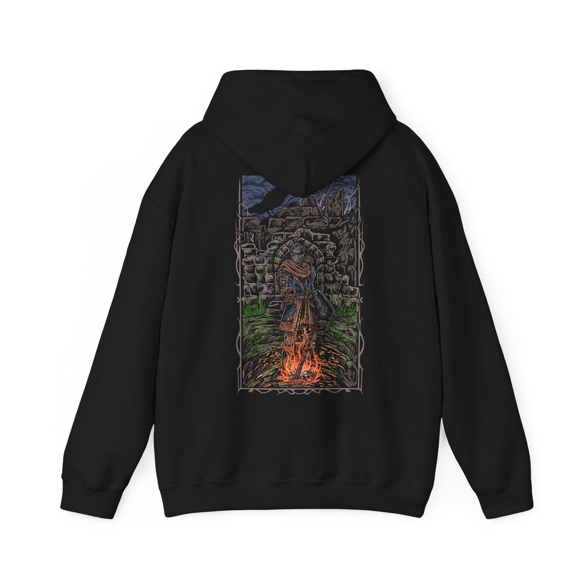 Image 5 of a Dark Souls Hooded Sweatshirt featuring the Chosen Undead at Firelink Shrine, the haunting sanctuary where journeys begin and legends end. With its hollowed architecture and ever-burning flame, the shrine stands as both home and reminder of destiny. This design honors the cursed warrior’s role in shaping the Age of Fire and beyond.