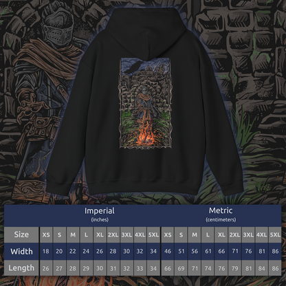 Size chart of a Dark Souls Hooded Sweatshirt featuring the Chosen Undead at Firelink Shrine, the haunting sanctuary where journeys begin and legends end. With its hollowed architecture and ever-burning flame, the shrine stands as both home and reminder of destiny. This design honors the cursed warrior’s role in shaping the Age of Fire and beyond.