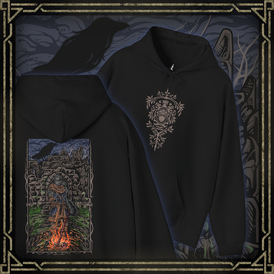 Thumbnail of a Dark Souls Hooded Sweatshirt featuring the Chosen Undead at Firelink Shrine, the haunting sanctuary where journeys begin and legends end. With its hollowed architecture and ever-burning flame, the shrine stands as both home and reminder of destiny. This design honors the cursed warrior’s role in shaping the Age of Fire and beyond.