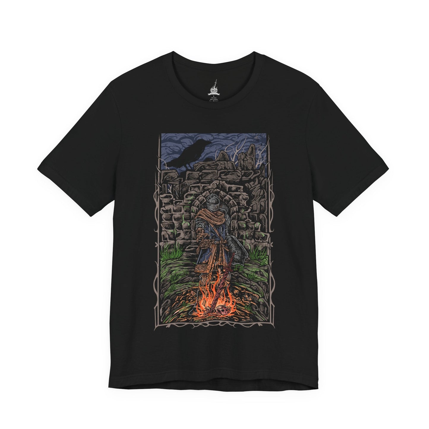Image 4 of a T-shirt featuring the Chosen Undead at Firelink Shrine from Dark Souls, the weary hero resting at the hub of Lordran’s journey. Surrounded by crumbling ruins, the bonfire burns as a fragile beacon of hope in a dying world. This design captures the solitude, determination, and quiet reflection of the Undead’s cursed pilgrimage.