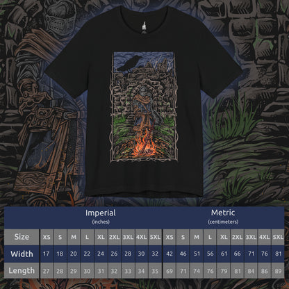 Size chart of a T-shirt featuring the Chosen Undead at Firelink Shrine from Dark Souls, the weary hero resting at the hub of Lordran’s journey. Surrounded by crumbling ruins, the bonfire burns as a fragile beacon of hope in a dying world. This design captures the solitude, determination, and quiet reflection of the Undead’s cursed pilgrimage.