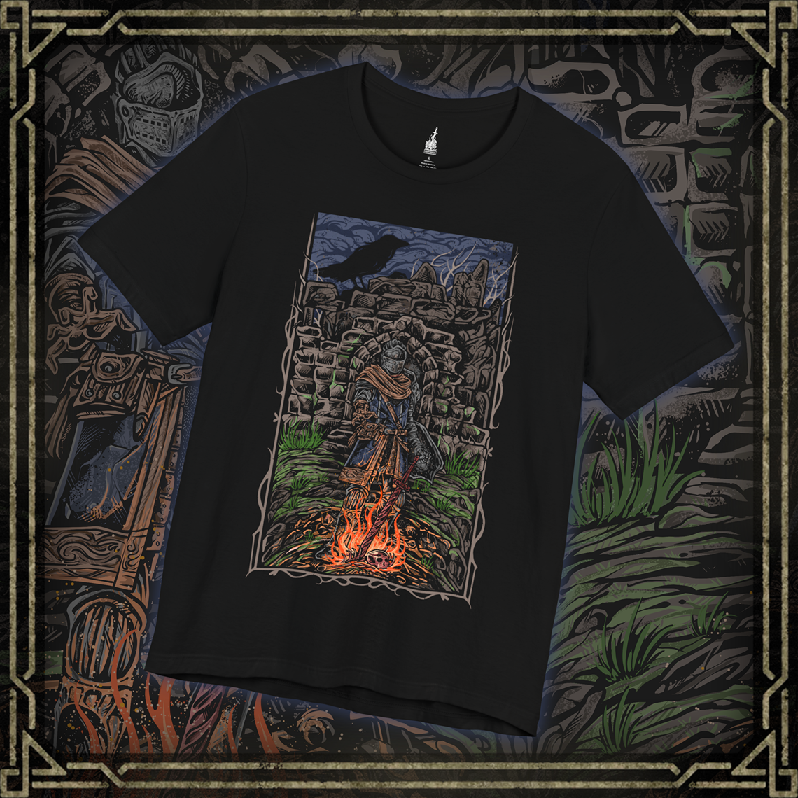 Thumbnail of a T-shirt featuring the Chosen Undead at Firelink Shrine from Dark Souls, the weary hero resting at the hub of Lordran’s journey. Surrounded by crumbling ruins, the bonfire burns as a fragile beacon of hope in a dying world. This design captures the solitude, determination, and quiet reflection of the Undead’s cursed pilgrimage.