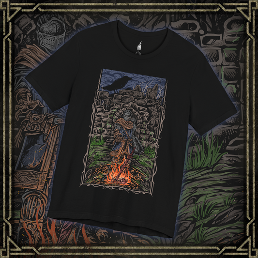 Thumbnail of a T-shirt featuring the Chosen Undead at Firelink Shrine from Dark Souls, the weary hero resting at the hub of Lordran’s journey. Surrounded by crumbling ruins, the bonfire burns as a fragile beacon of hope in a dying world. This design captures the solitude, determination, and quiet reflection of the Undead’s cursed pilgrimage.