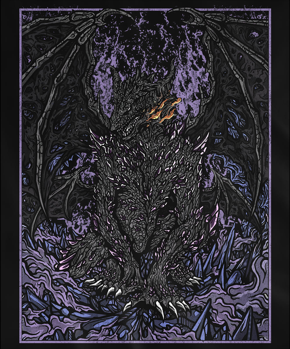 Design used for a Hooded Sweatshirt featuring Darkeater Midir from Dark Souls, showcasing the fearsome dragon’s dark and imposing figure, ideal for fans who respect the legendary guardian and his role in consuming the abyss.