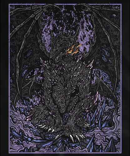 Design used for a Hooded Sweatshirt featuring Darkeater Midir from Dark Souls, showcasing the fearsome dragon’s dark and imposing figure, ideal for fans who respect the legendary guardian and his role in consuming the abyss.