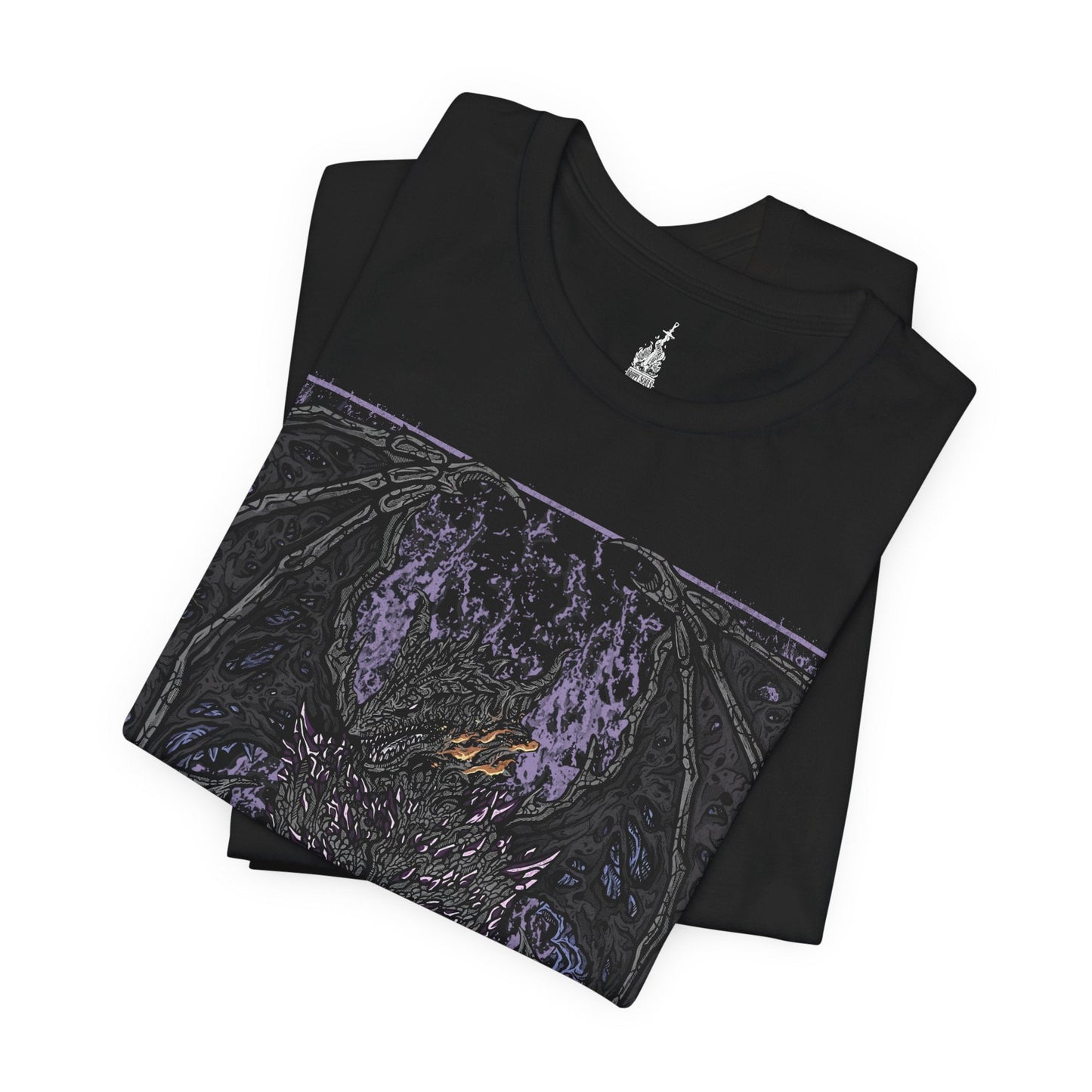 Folded T-shirt featuring Darkeater Midir from Dark Souls, showcasing the fearsome dragon’s dark and imposing figure, ideal for fans who respect the legendary guardian and his role in consuming the abyss.