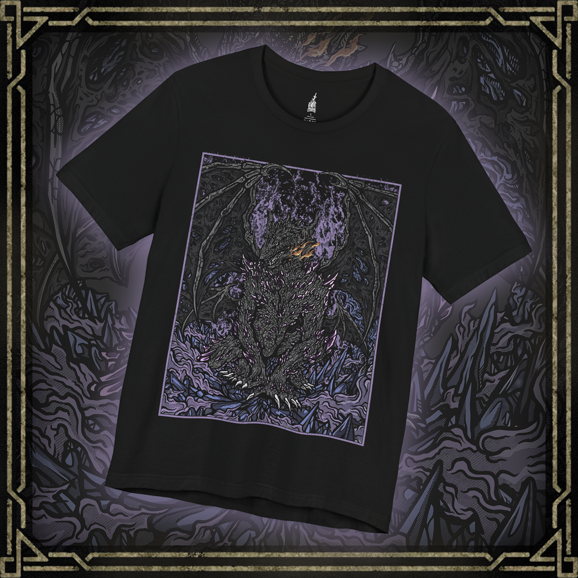 Thumbnail of a T-shirt featuring Darkeater Midir from Dark Souls, showcasing the fearsome dragon’s dark and imposing figure, ideal for fans who respect the legendary guardian and his role in consuming the abyss.