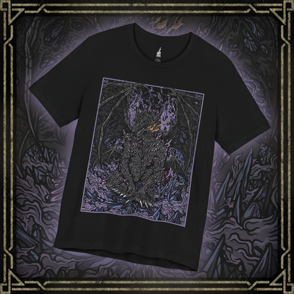 Thumbnail of a T-shirt featuring Darkeater Midir from Dark Souls, showcasing the fearsome dragon’s dark and imposing figure, ideal for fans who respect the legendary guardian and his role in consuming the abyss.