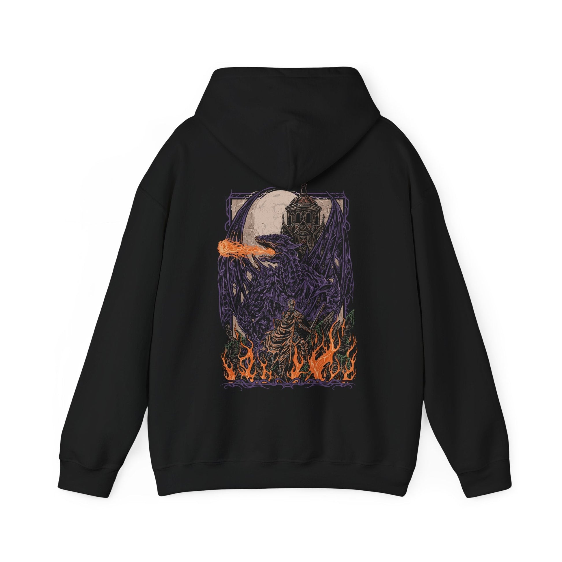 Image 4 of a Dark Souls Hooded Sweatshirt featuring Darkeater Midir, an ancient dragon forged for war against the Abyss. Despite his divine mission, centuries of consuming darkness have twisted him into a monstrous shadow of his former self. This design honors his epic scale, tragic fall, and the haunting beauty of one of the game’s most challenging battles.
