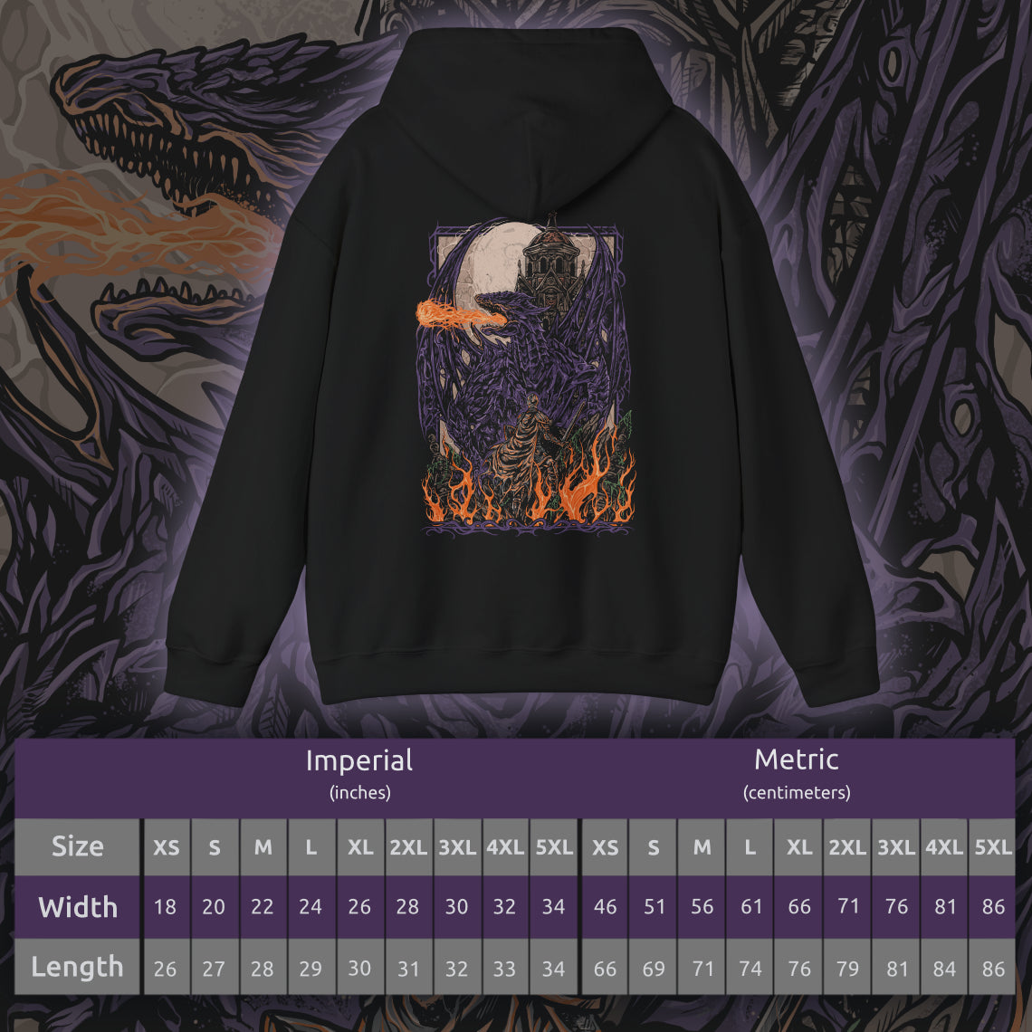 Size chart of a Dark Souls Hooded Sweatshirt featuring Darkeater Midir, an ancient dragon forged for war against the Abyss. Despite his divine mission, centuries of consuming darkness have twisted him into a monstrous shadow of his former self. This design honors his epic scale, tragic fall, and the haunting beauty of one of the game’s most challenging battles.