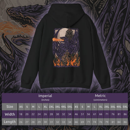 Size chart of a Dark Souls Hooded Sweatshirt featuring Darkeater Midir, an ancient dragon forged for war against the Abyss. Despite his divine mission, centuries of consuming darkness have twisted him into a monstrous shadow of his former self. This design honors his epic scale, tragic fall, and the haunting beauty of one of the game’s most challenging battles.