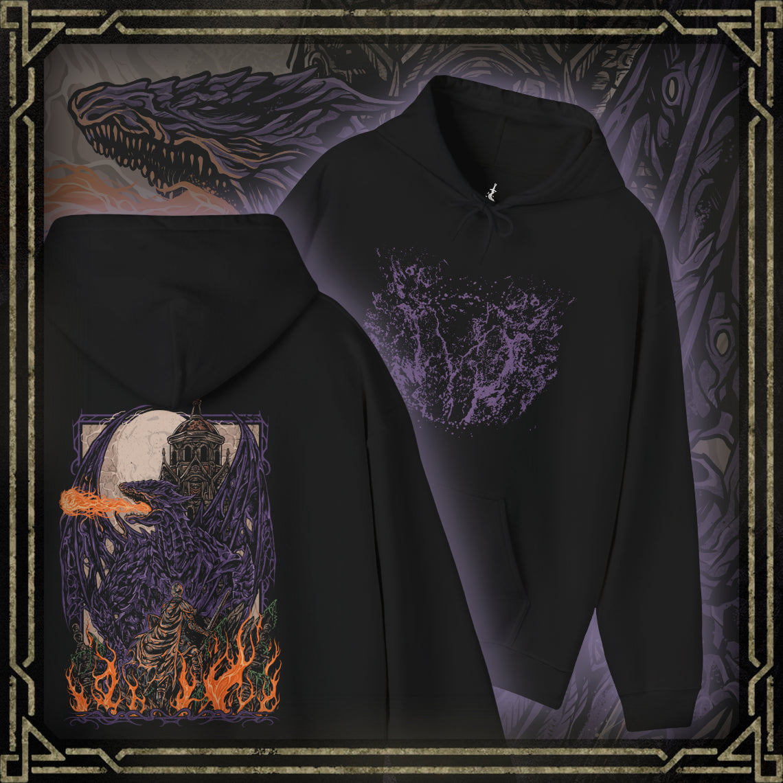 Thumbnail of a Dark Souls Hooded Sweatshirt featuring Darkeater Midir, an ancient dragon forged for war against the Abyss. Despite his divine mission, centuries of consuming darkness have twisted him into a monstrous shadow of his former self. This design honors his epic scale, tragic fall, and the haunting beauty of one of the game’s most challenging battles.