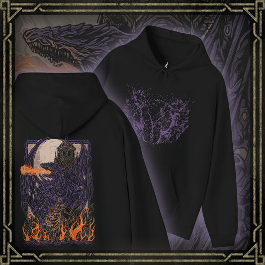 Thumbnail of a Dark Souls Hooded Sweatshirt featuring Darkeater Midir, an ancient dragon forged for war against the Abyss. Despite his divine mission, centuries of consuming darkness have twisted him into a monstrous shadow of his former self. This design honors his epic scale, tragic fall, and the haunting beauty of one of the game’s most challenging battles.
