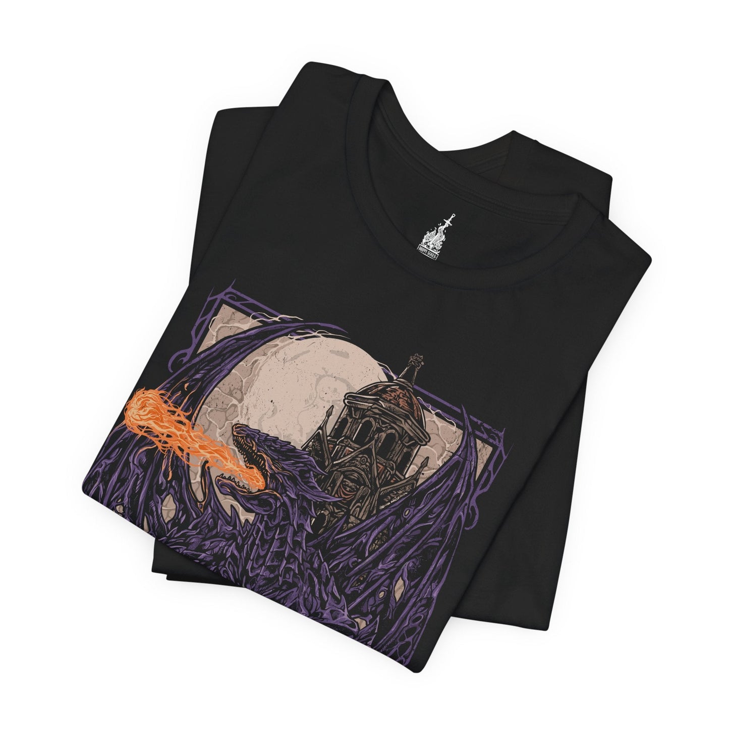 Folded T-shirt featuring Darkeater Midir from Dark Souls III, the massive abyssal dragon tasked by the gods to consume the darkness. Once a loyal guardian, Midir now succumbs to the very corruption he was meant to destroy. This design captures his shadowy scales, glowing eyes, and the tragic majesty of his eternal battle against the Abyss.