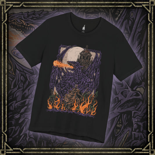 Thumbnail of a T-shirt featuring Darkeater Midir from Dark Souls III, the massive abyssal dragon tasked by the gods to consume the darkness. Once a loyal guardian, Midir now succumbs to the very corruption he was meant to destroy. This design captures his shadowy scales, glowing eyes, and the tragic majesty of his eternal battle against the Abyss.