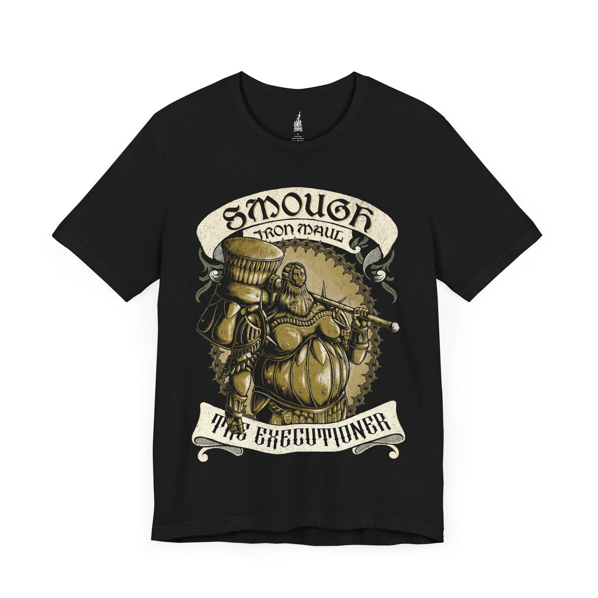 Image number 3 of a Black T-shirt featuring Executioner Smough from Dark Souls in a vintage design, highlighting his massive hammer and imposing armor, perfect for fans who appreciate the fearsome power and tragic role of this iconic boss in Anor Londo.