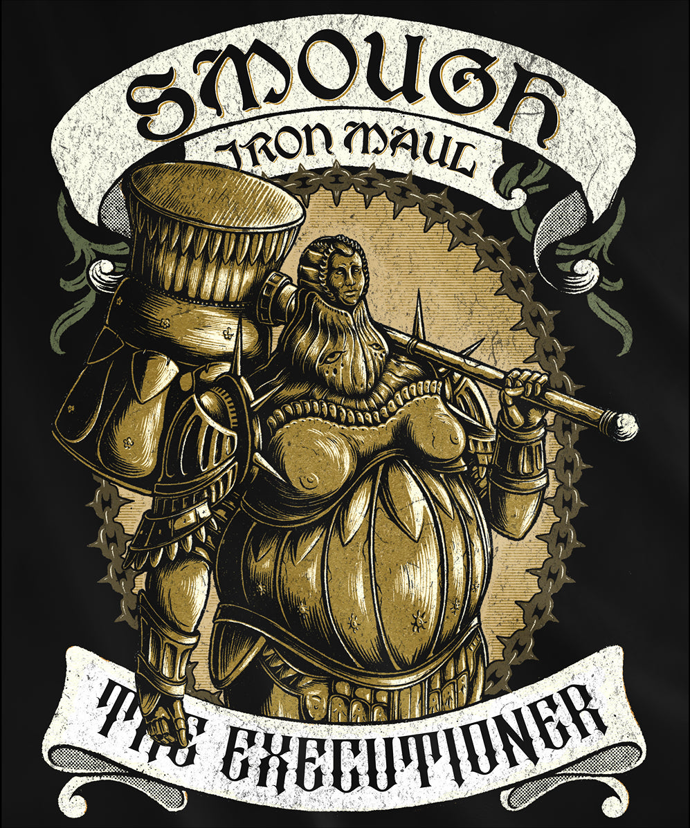 Design used for a T-shirt featuring Executioner Smough from Dark Souls in a vintage design, highlighting his massive hammer and imposing armor, perfect for fans who appreciate the fearsome power and tragic role of this iconic boss in Anor Londo.