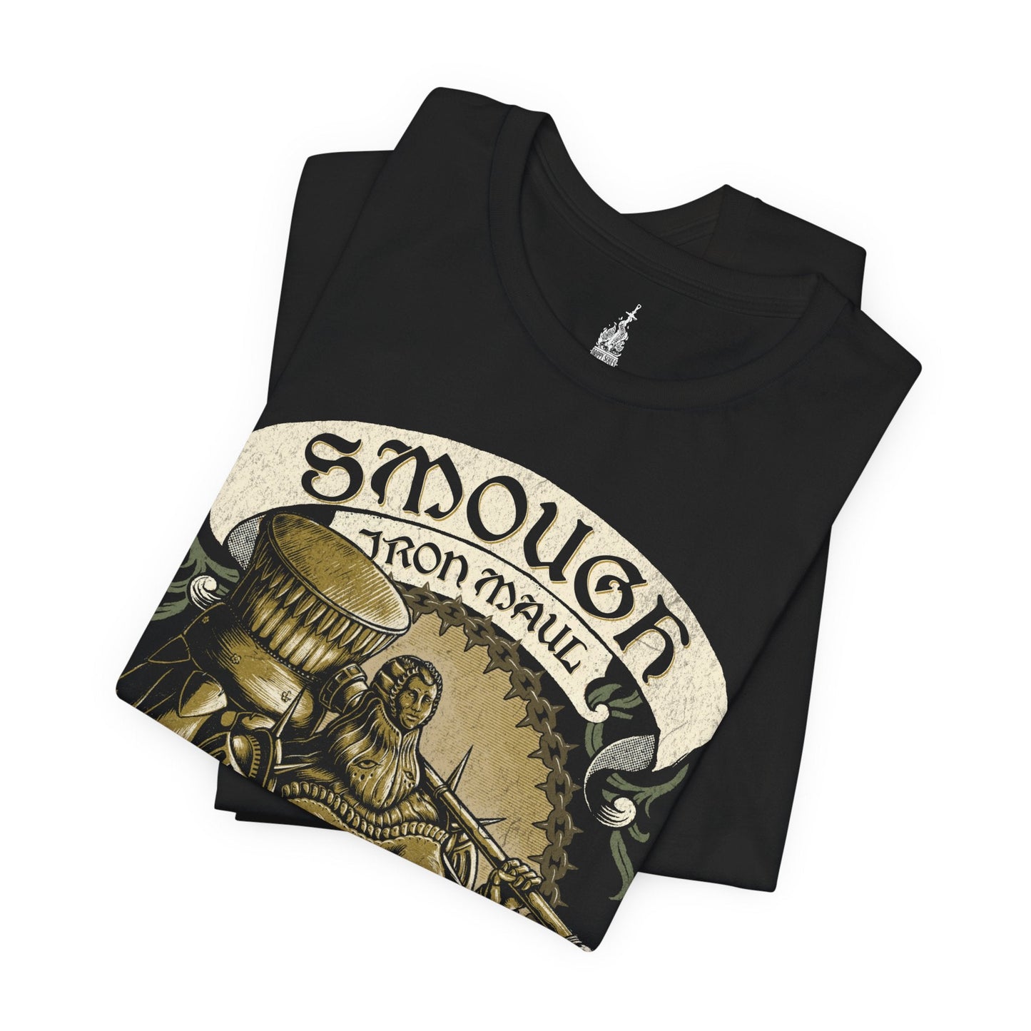 Folded T-shirt featuring Executioner Smough from Dark Souls in a vintage design, highlighting his massive hammer and imposing armor, perfect for fans who appreciate the fearsome power and tragic role of this iconic boss in Anor Londo.