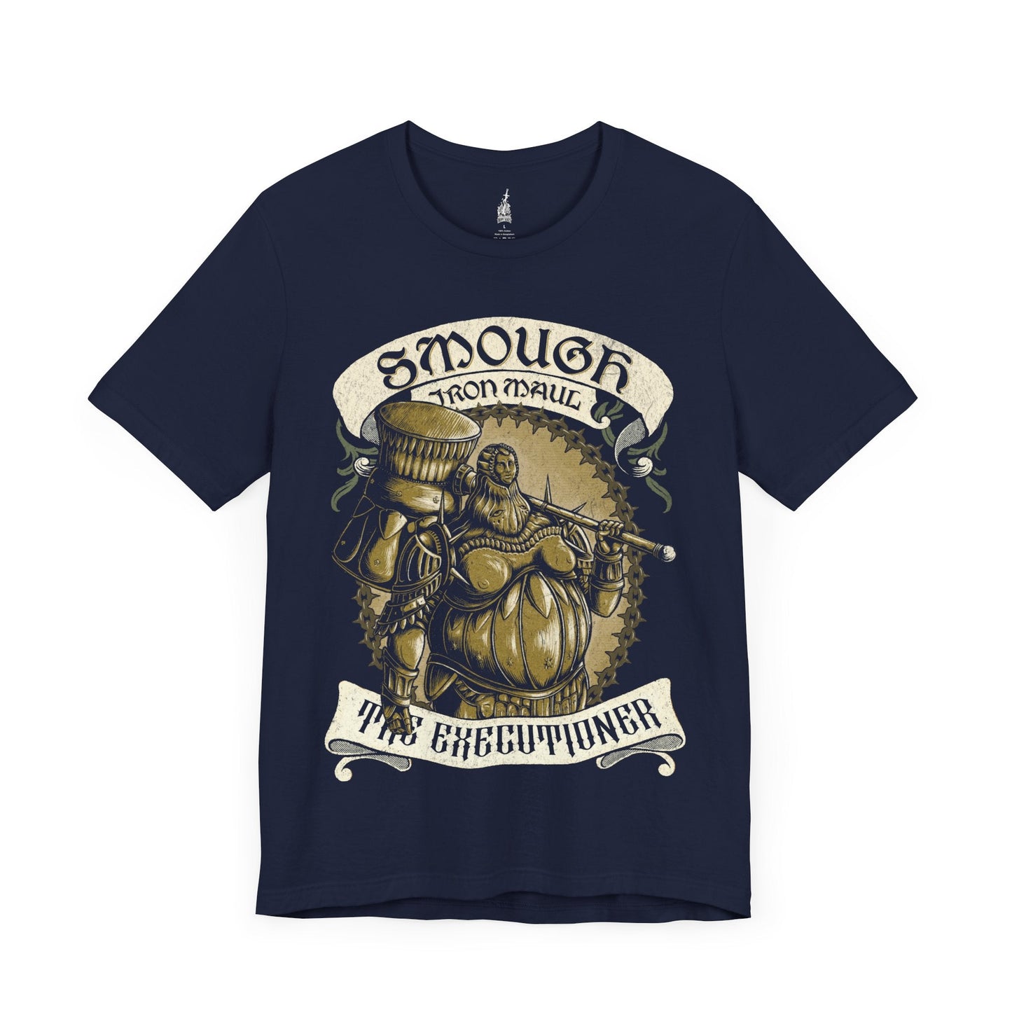 Image number 4 of a Navy T-shirt featuring Executioner Smough from Dark Souls in a vintage design, highlighting his massive hammer and imposing armor, perfect for fans who appreciate the fearsome power and tragic role of this iconic boss in Anor Londo.