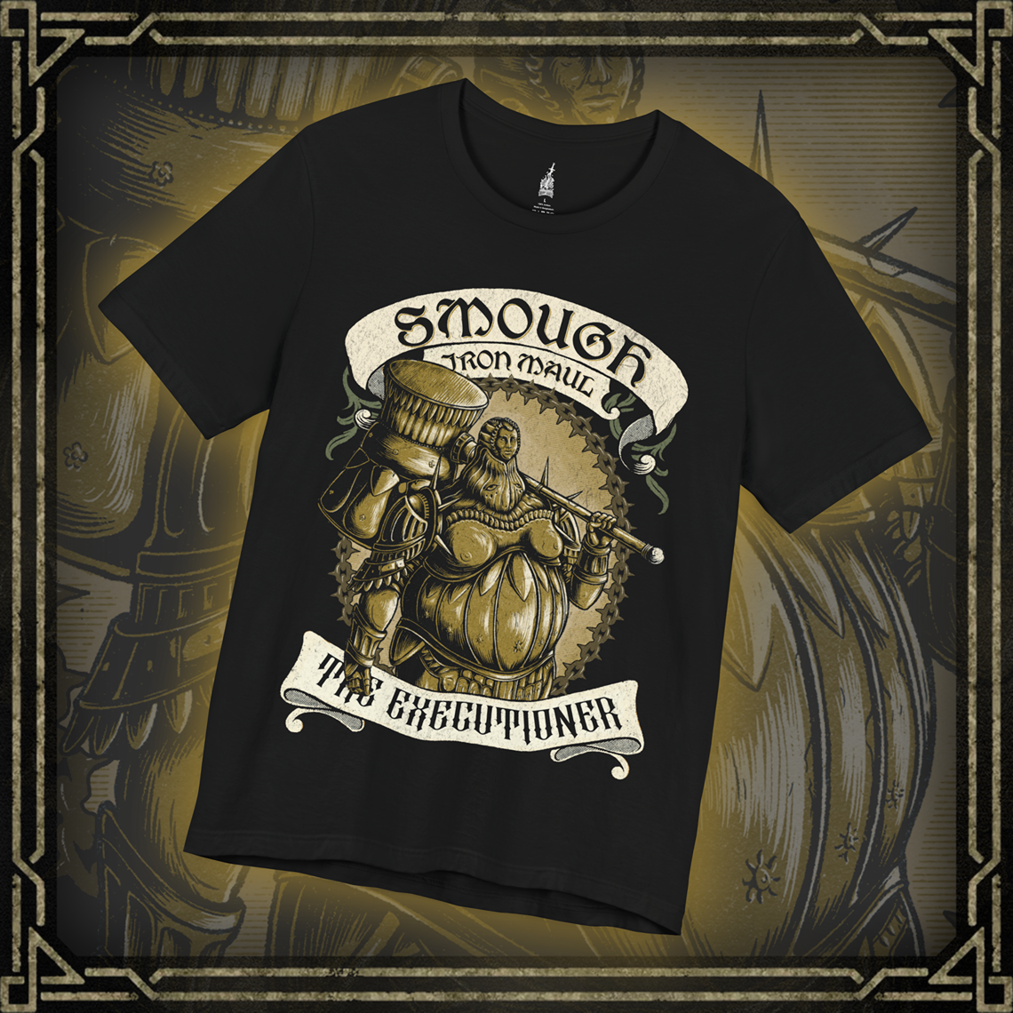 Thumbnail of a T-shirt featuring Executioner Smough from Dark Souls in a vintage design, highlighting his massive hammer and imposing armor, perfect for fans who appreciate the fearsome power and tragic role of this iconic boss in Anor Londo.