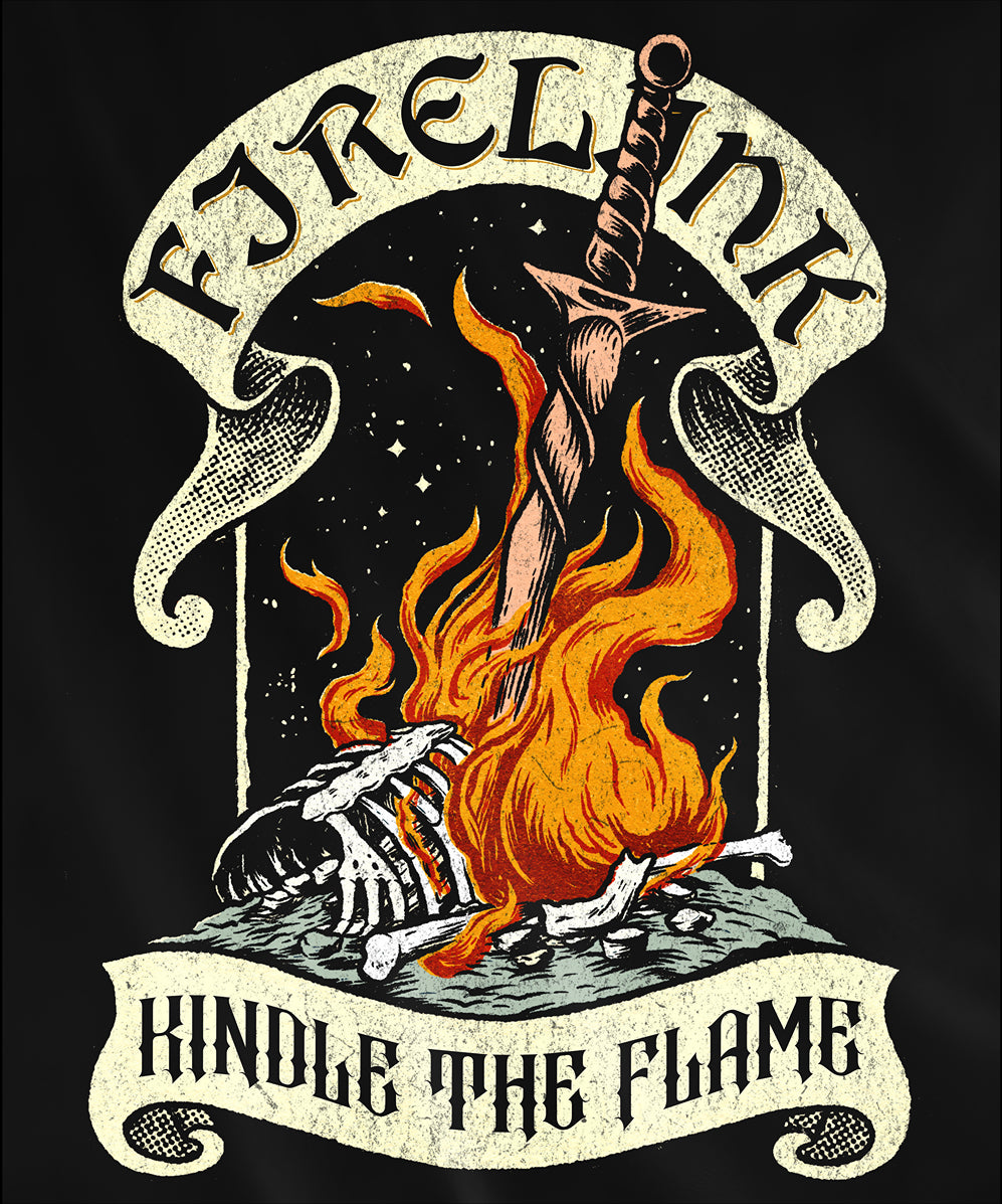 Design used for a T-shirt featuring the Firelink Shrine Bonfire from Dark Souls in a vintage design, capturing the iconic resting place of the Chosen Undead, perfect for fans who cherish the game's rich atmosphere and the comforting warmth of the bonfire.