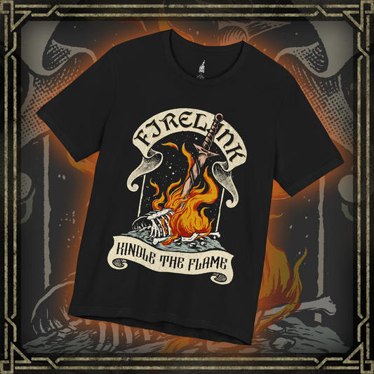 Thumbnail of a T-shirt featuring the Firelink Shrine Bonfire from Dark Souls in a vintage design, capturing the iconic resting place of the Chosen Undead, perfect for fans who cherish the game's rich atmosphere and the comforting warmth of the bonfire.