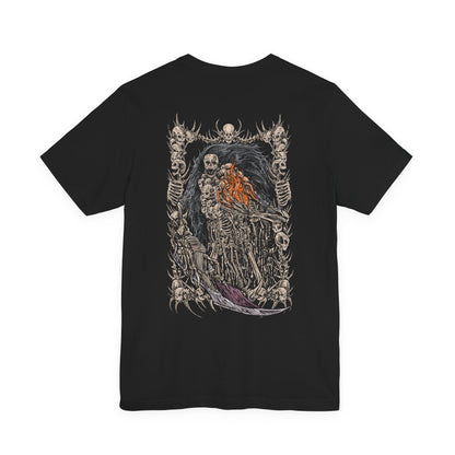 Image 5 of a T-shirt featuring Gravelord Nito from Dark Souls, the first of the dead and one of the original Lords who claimed the power of death itself. Cloaked in a mass of bones and shadows, Nito rules the Tomb of the Giants in silence. This design captures his chilling presence and the skeletal dread that seeps from his domain.