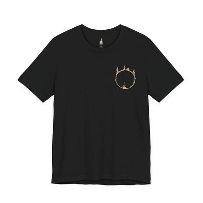Image 3 of a Black T-shirt featuring Gravelord Nito from Dark Souls, the first of the dead and one of the original Lords who claimed the power of death itself. Cloaked in a mass of bones and shadows, Nito rules the Tomb of the Giants in silence. This design captures his chilling presence and the skeletal dread that seeps from his domain.