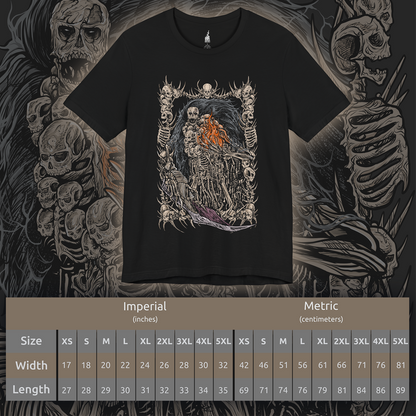 Size chart of a T-shirt featuring Gravelord Nito from Dark Souls, the first of the dead and one of the original Lords who claimed the power of death itself. Cloaked in a mass of bones and shadows, Nito rules the Tomb of the Giants in silence. This design captures his chilling presence and the skeletal dread that seeps from his domain.