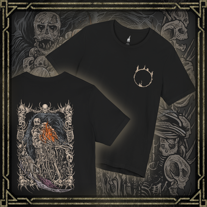 Thumbnail of a T-shirt featuring Gravelord Nito from Dark Souls, the first of the dead and one of the original Lords who claimed the power of death itself. Cloaked in a mass of bones and shadows, Nito rules the Tomb of the Giants in silence. This design captures his chilling presence and the skeletal dread that seeps from his domain.