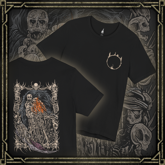 Thumbnail of a T-shirt featuring Gravelord Nito from Dark Souls, the first of the dead and one of the original Lords who claimed the power of death itself. Cloaked in a mass of bones and shadows, Nito rules the Tomb of the Giants in silence. This design captures his chilling presence and the skeletal dread that seeps from his domain.