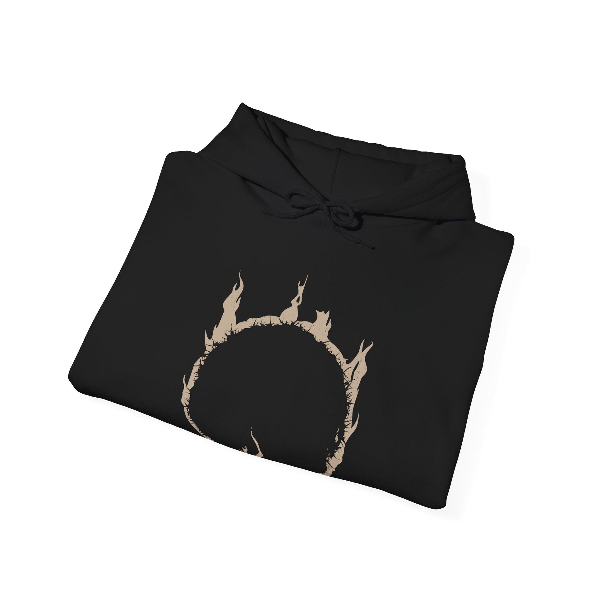 Folded Hooded Sweatshirt showcasing Nito, the Gravelord, a primordial being in Dark Souls who holds dominion over death and decay. His corpse-wrapped form and bone scythe symbolize the inevitable end awaiting all. This artwork evokes the chilling reverence of one of the original Lords who shaped the Age of Fire through dark power.