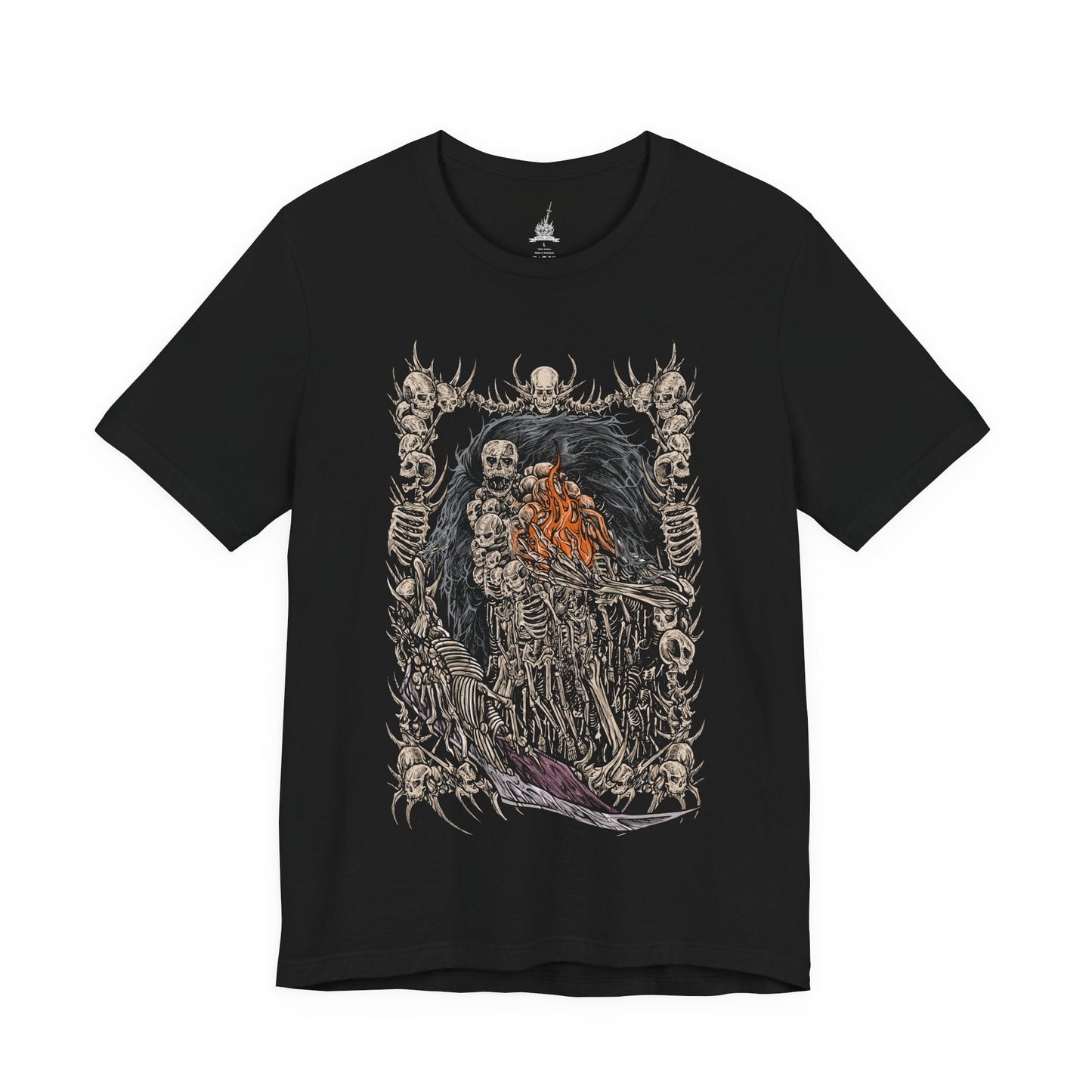 Image 4 of a T-shirt featuring Gravelord Nito from Dark Souls, the First of the Dead and lord of death itself. Shrouded in a cloak of bones and shadows, Nito commands miasma and disease, resting deep within the Tomb of the Giants. This design captures his skeletal majesty and the eerie calm of the lord who first brought death to the world.