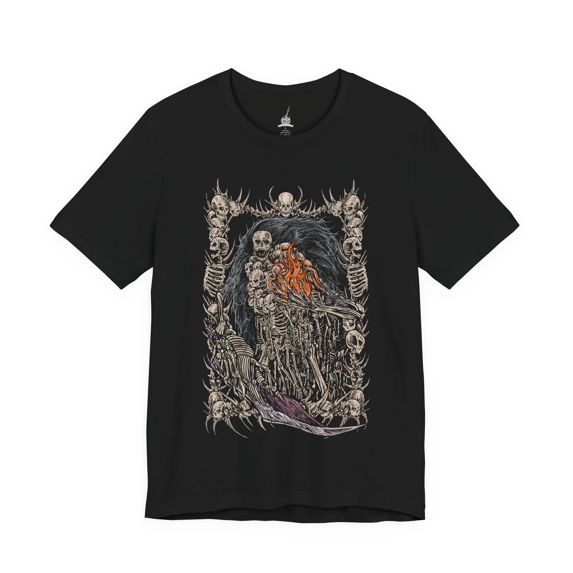 Image 4 of a T-shirt featuring Gravelord Nito from Dark Souls, the First of the Dead and lord of death itself. Shrouded in a cloak of bones and shadows, Nito commands miasma and disease, resting deep within the Tomb of the Giants. This design captures his skeletal majesty and the eerie calm of the lord who first brought death to the world.
