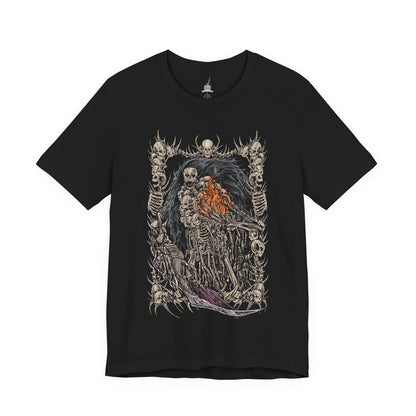 Image 4 of a T-shirt featuring Gravelord Nito from Dark Souls, the First of the Dead and lord of death itself. Shrouded in a cloak of bones and shadows, Nito commands miasma and disease, resting deep within the Tomb of the Giants. This design captures his skeletal majesty and the eerie calm of the lord who first brought death to the world.