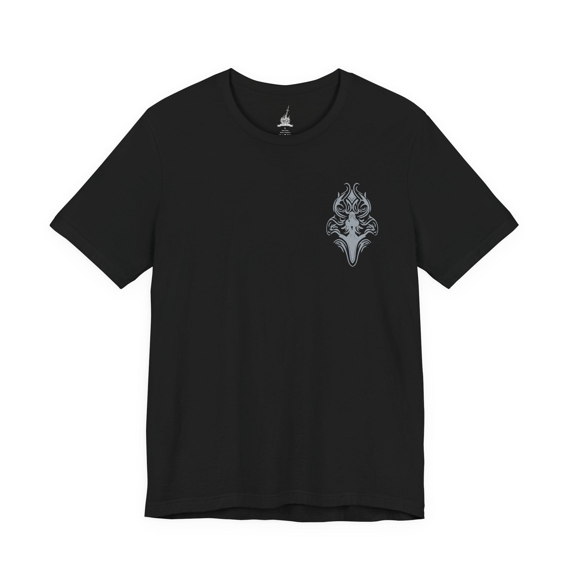 Image 4 of a Dark Souls T-shirt showcasing Great Gray Wolf Sif, the majestic guardian who protects the resting place of Artorias. Her haunting howl echoes through the forest, a mournful tribute to a bond unbroken by death. This artwork embodies her graceful strength and the bittersweet tragedy that defines her legendary battle.