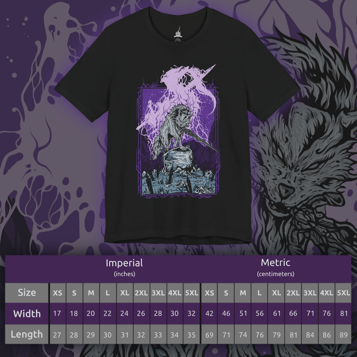 Size chart of a Dark Souls T-shirt showcasing Great Gray Wolf Sif, the majestic guardian who protects the resting place of Artorias. Her haunting howl echoes through the forest, a mournful tribute to a bond unbroken by death. This artwork embodies her graceful strength and the bittersweet tragedy that defines her legendary battle.