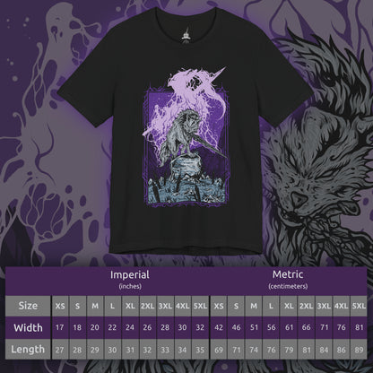 Size chart of a Dark Souls T-shirt showcasing Great Gray Wolf Sif, the majestic guardian who protects the resting place of Artorias. Her haunting howl echoes through the forest, a mournful tribute to a bond unbroken by death. This artwork embodies her graceful strength and the bittersweet tragedy that defines her legendary battle.
