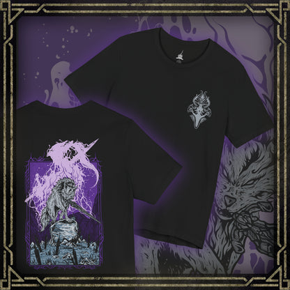 Thumbnail of a Dark Souls T-shirt showcasing Great Gray Wolf Sif, the majestic guardian who protects the resting place of Artorias. Her haunting howl echoes through the forest, a mournful tribute to a bond unbroken by death. This artwork embodies her graceful strength and the bittersweet tragedy that defines her legendary battle.