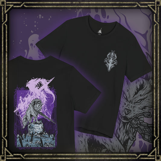 Thumbnail of a Dark Souls T-shirt showcasing Great Gray Wolf Sif, the majestic guardian who protects the resting place of Artorias. Her haunting howl echoes through the forest, a mournful tribute to a bond unbroken by death. This artwork embodies her graceful strength and the bittersweet tragedy that defines her legendary battle.