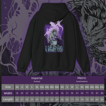 Size chart of a Hooded Sweatshirt featuring Great Gray Wolf Sif from Dark Souls, the enormous wolf who fights to protect the grave of her fallen master, Artorias. Bearing his massive sword in her jaws, Sif stands as one of the most emotional and memorable bosses in the series. This design honors her loyalty, strength, and the enduring bond between hunter and companion.