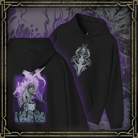 Thumbnail of a Hooded Sweatshirt featuring Great Gray Wolf Sif from Dark Souls, the enormous wolf who fights to protect the grave of her fallen master, Artorias. Bearing his massive sword in her jaws, Sif stands as one of the most emotional and memorable bosses in the series. This design honors her loyalty, strength, and the enduring bond between hunter and companion.