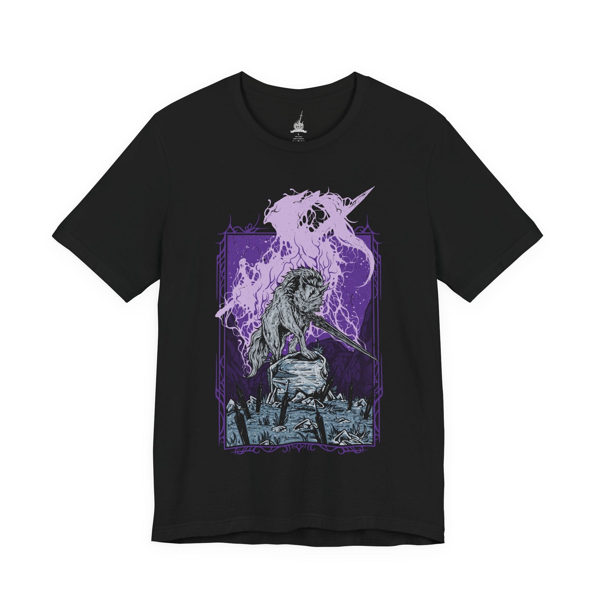 Image 4 of a T-shirt featuring Great Gray Wolf Sif from Dark Souls, the loyal companion of Artorias the Abysswalker. Wielding the Greatsword of her fallen master, Sif guards his grave deep within the dark forest, defending his honor with unwavering devotion. This design captures her tragic beauty and noble spirit—a symbol of loyalty, courage, and sorrow.