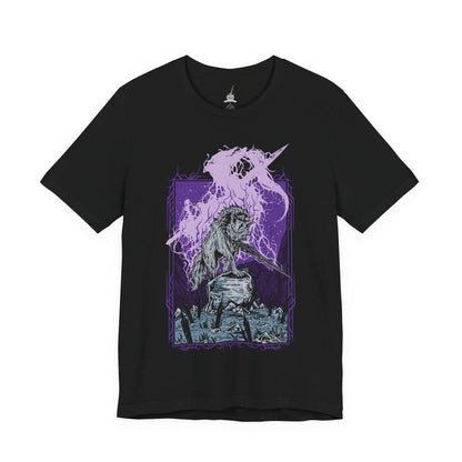 Image 4 of a T-shirt featuring Great Gray Wolf Sif from Dark Souls, the loyal companion of Artorias the Abysswalker. Wielding the Greatsword of her fallen master, Sif guards his grave deep within the dark forest, defending his honor with unwavering devotion. This design captures her tragic beauty and noble spirit—a symbol of loyalty, courage, and sorrow.
