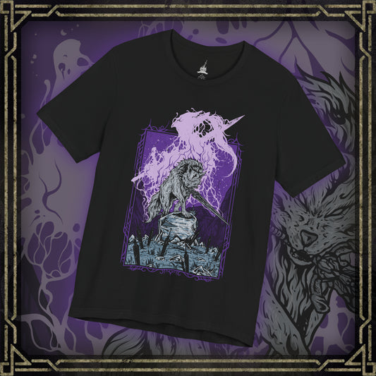 Thumbnail of a T-shirt featuring Great Gray Wolf Sif from Dark Souls, the loyal companion of Artorias the Abysswalker. Wielding the Greatsword of her fallen master, Sif guards his grave deep within the dark forest, defending his honor with unwavering devotion. This design captures her tragic beauty and noble spirit—a symbol of loyalty, courage, and sorrow.