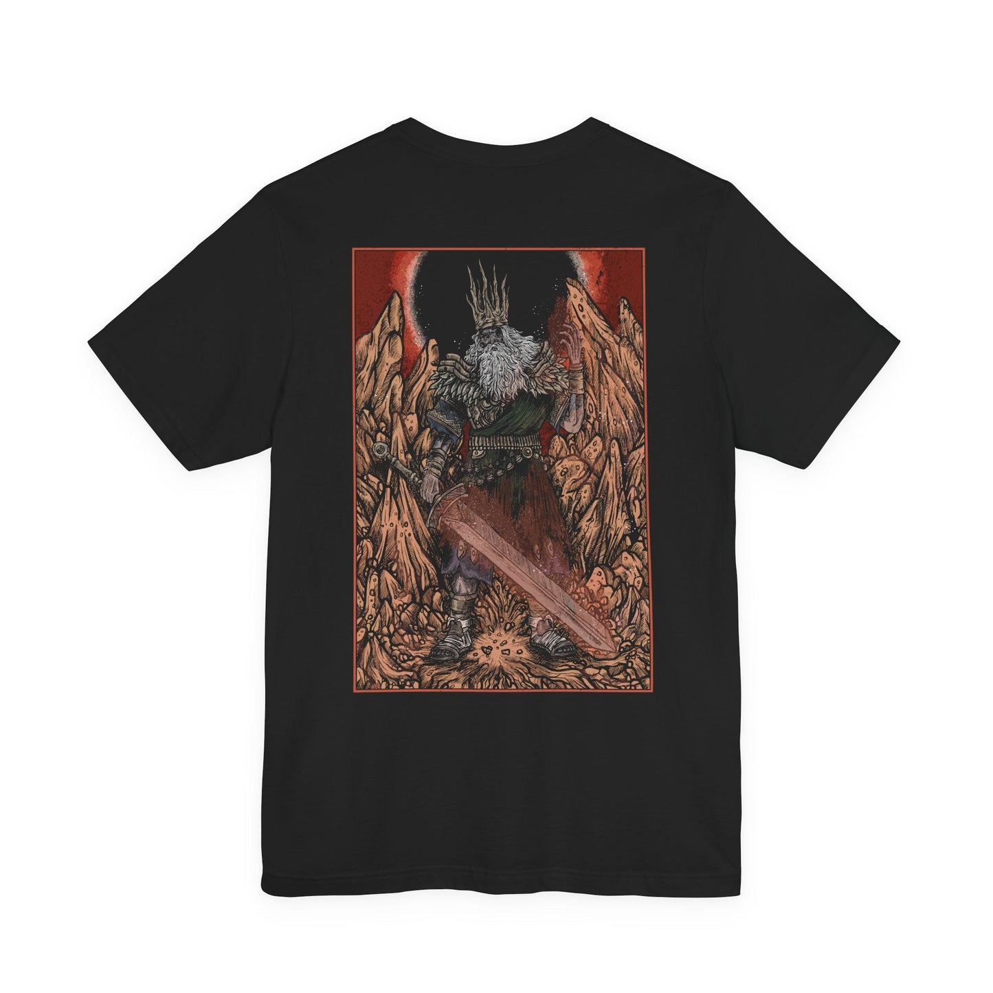 Image 4 of a T-shirt featuring Gwyn, Lord of Cinder from Dark Souls, the once-mighty god who linked the First Flame to prolong the Age of Fire. Now a hollowed husk, Gwyn wields a flaming greatsword in a final act of sacrifice. This design captures the solemn tragedy of his fall from divine king to fading ember in the Kiln.