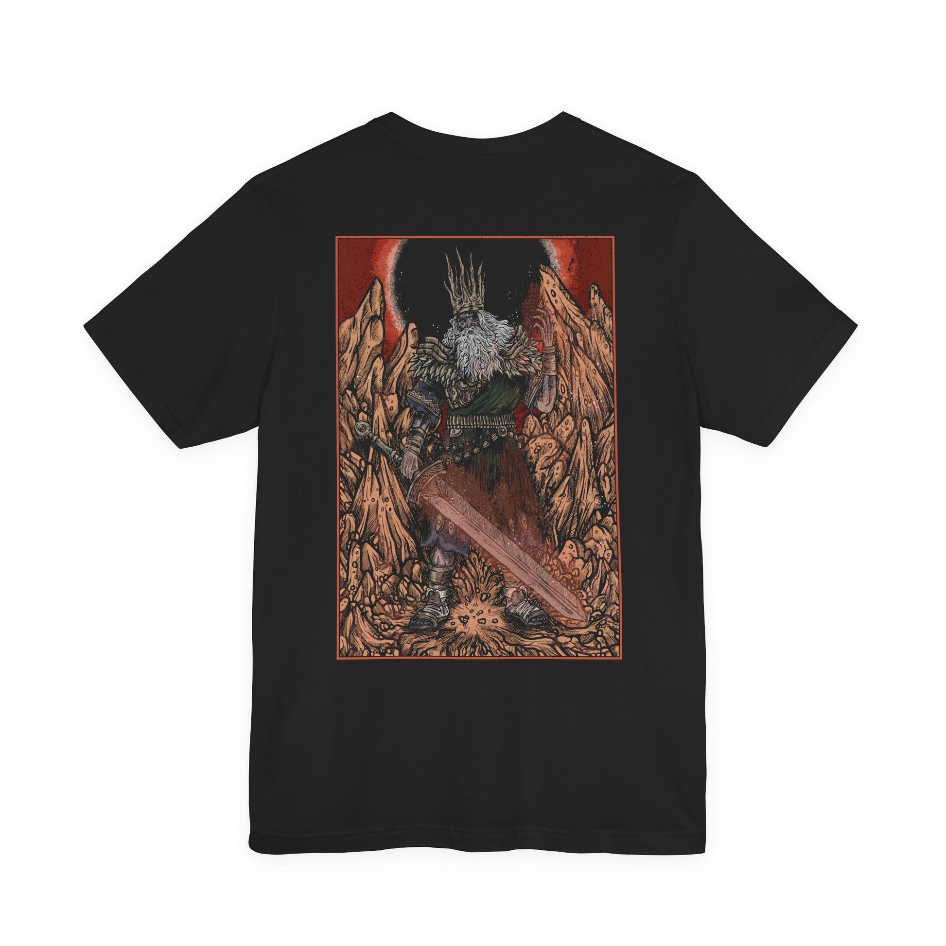 Image 4 of a T-shirt featuring Gwyn, Lord of Cinder from Dark Souls, the once-mighty god who linked the First Flame to prolong the Age of Fire. Now a hollowed husk, Gwyn wields a flaming greatsword in a final act of sacrifice. This design captures the solemn tragedy of his fall from divine king to fading ember in the Kiln.
